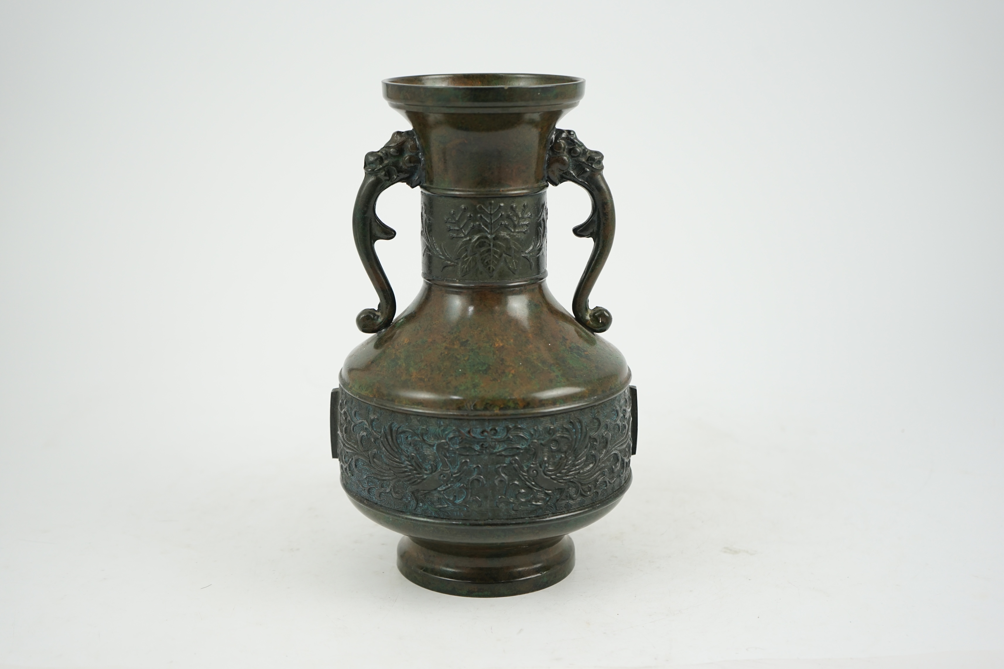 A Japanese green patinated bronze vase, 20th century, 25cm high. Condition - good